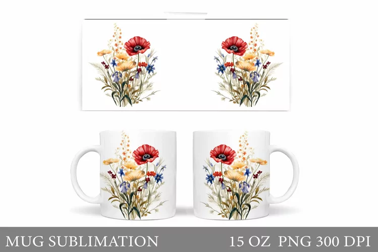Wildflowers Mug Sublimation. Flowers Mug Wrap Design
