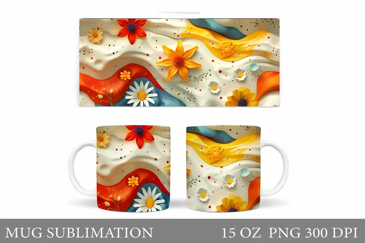 3D Flowers Mug Sublimation. Flowers Mug Design