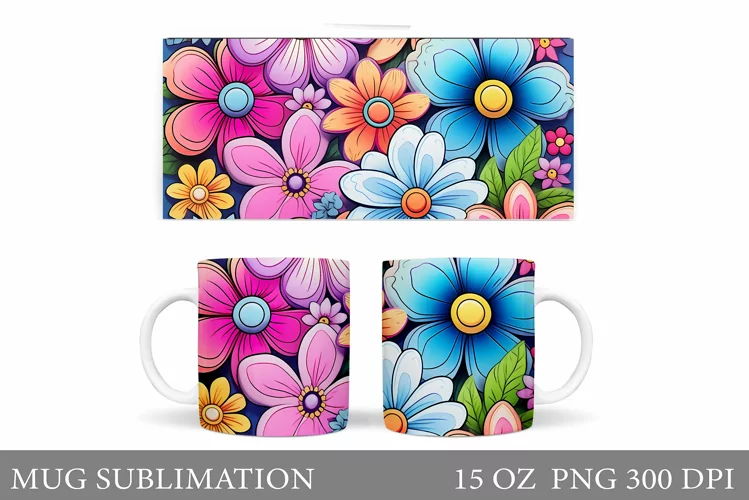 Daisy Flowers Mug Sublimation. Flowers Mug Wrap Design