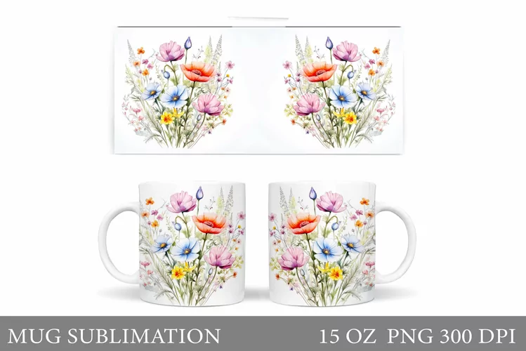 Flowers Mug Wrap Sublimation. Wildflowers Mug Wrap Design