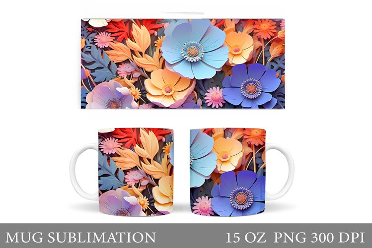 3D Flowers Mug Sublimation. Flowers Mug Wrap Design