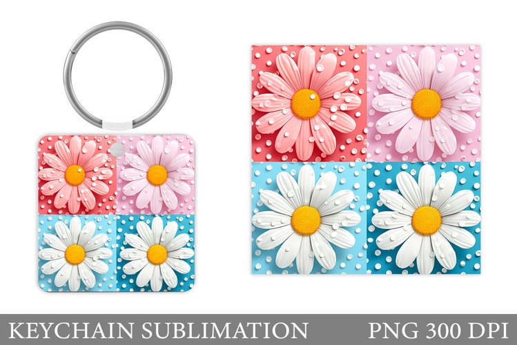 Daisy Flowers Keychain. Square Keychain Flowers Sublimation