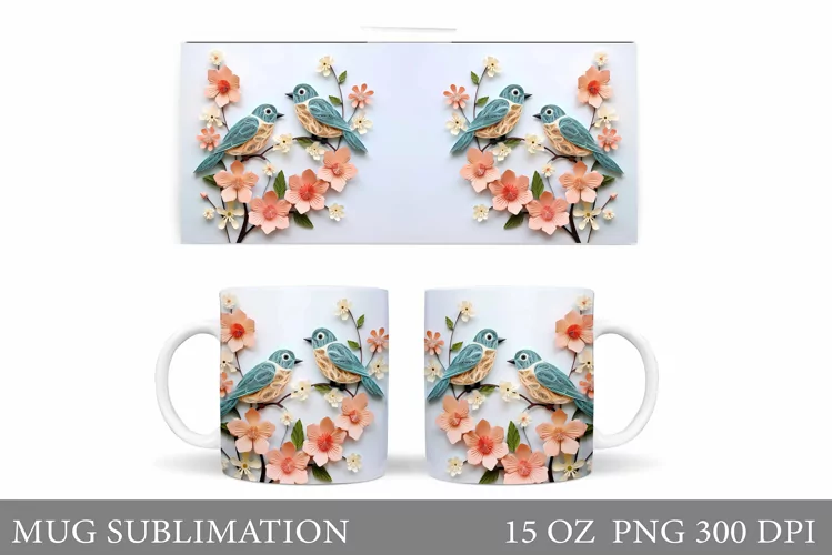 Paper Bird Mug Wrap Design. Bird Mug Wrap Sublimation
