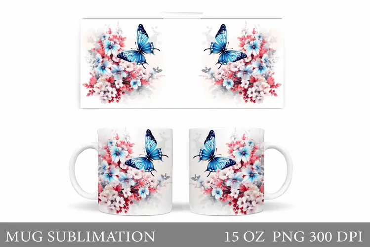 Butterfly Mug Sublimation. Butterfly Flowers Mug Design