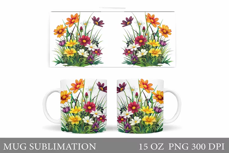 Flowers Mug Wrap Design. Wildflowers Mug Sublimation