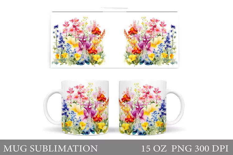 Flowers Mug Wrap Design. Wildflowers Mug Sublimation
