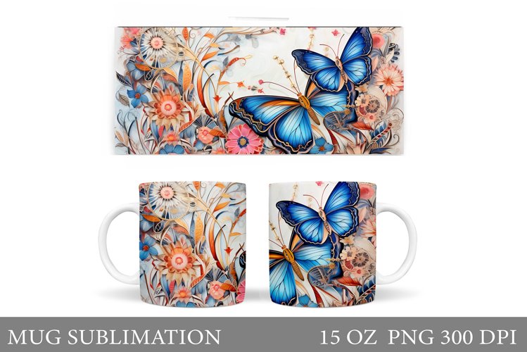 Butterflies Mug Sublimation. Butterflies Flowers Mug Design