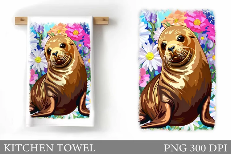 Cute Seal Kitchen Towel Design. Flowers Kitchen Towel