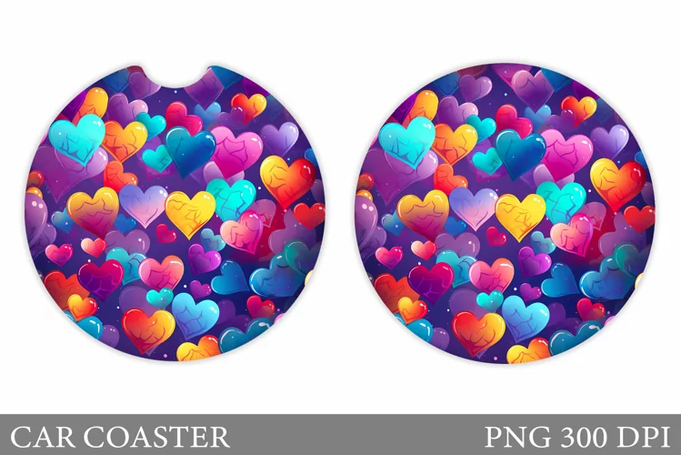 Colorful Hearts Car Coaster. Valentines Car Coaster Design