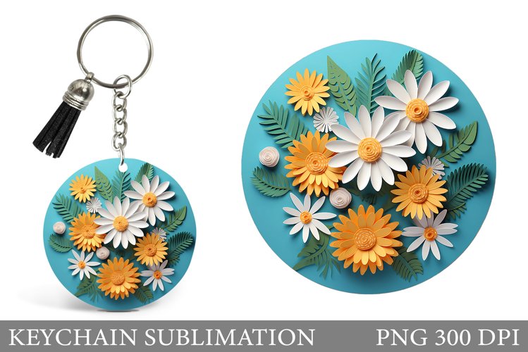 Paper Flowers Round Keychain. 3D Daisy Keychain Design example image 1
