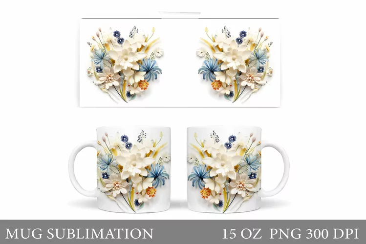 3D Flowers Mug Sublimation. Flowers Mug Wrap Design