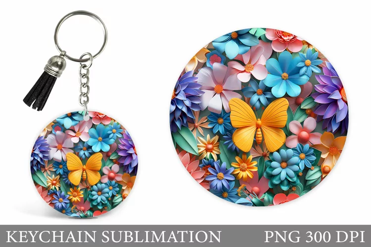 3D Flowers Keychain. Butterfly Keychain Sublimation