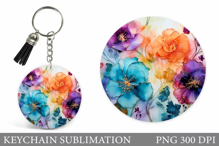 Flowers Keychain Sublimation. Floral Round Keychain Design