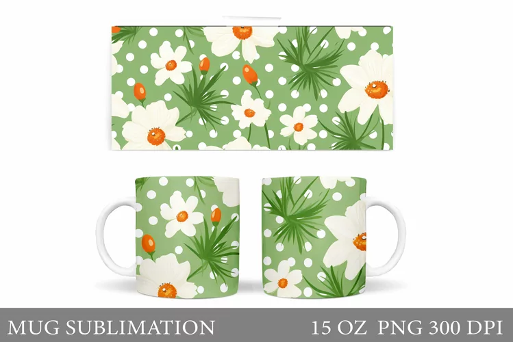 Daisy Flowers Mug Sublimation. Flowers Mug Wrap Design