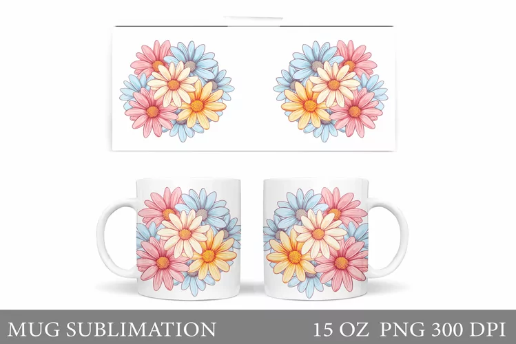 Daisy Flowers Mug Sublimation. Flowers Mug Wrap Design