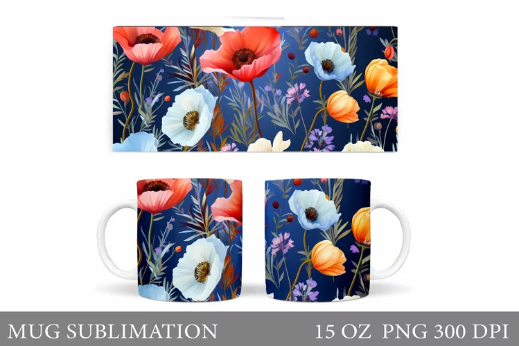 Flowers Mug Wrap Sublimation. Wildflowers Mug Wrap Design