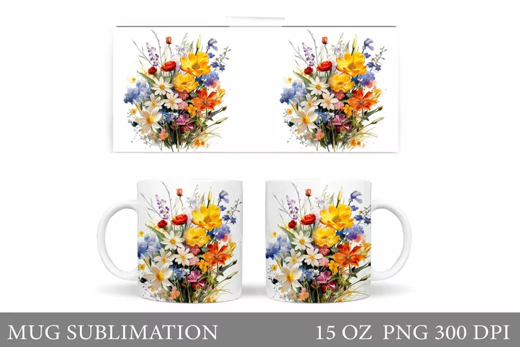Wildflowers Mug Sublimation. Flowers Mug Wrap Design
