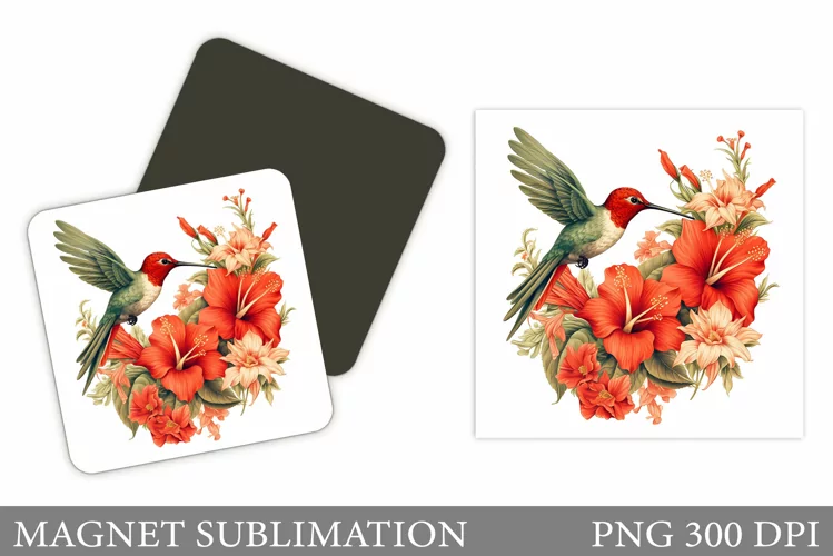Hummingbird Magnet Sublimation. Bird Flowers Magnet Design