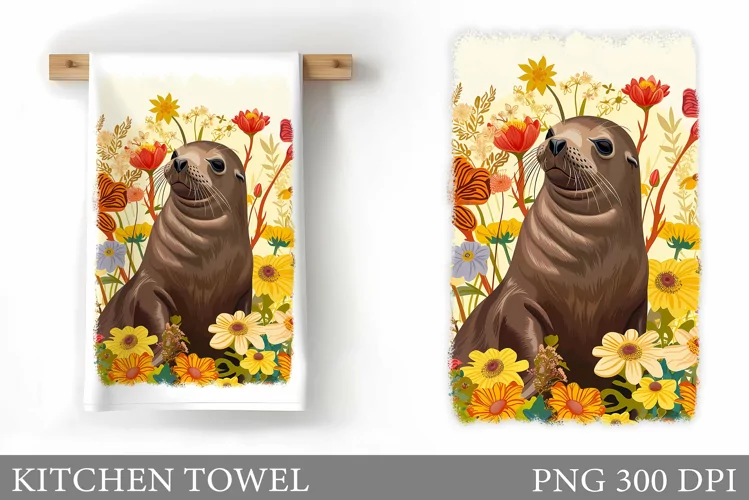 Seal Kitchen Towel Design. Flowers Kitchen Towel Sublimation