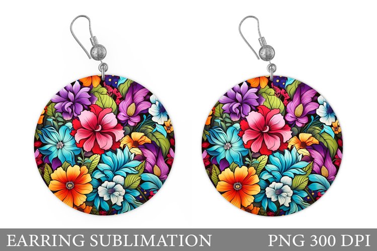 Flowers Earring Sublimation. Flowers Round Earring example image 1