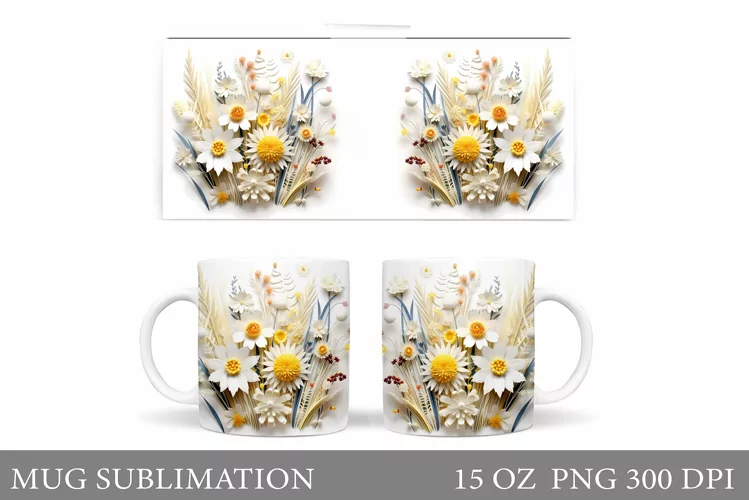 3D Flowers Mug Sublimation. Flowers Mug Wrap Design