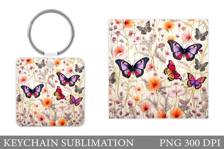 Butterflies Keychain Sublimation. Flowers Keychain Design example image 1