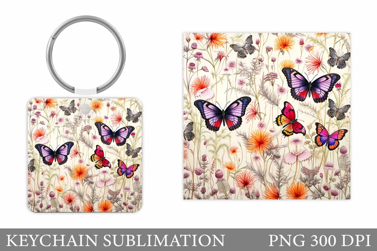 Butterflies Keychain Sublimation. Flowers Keychain Design