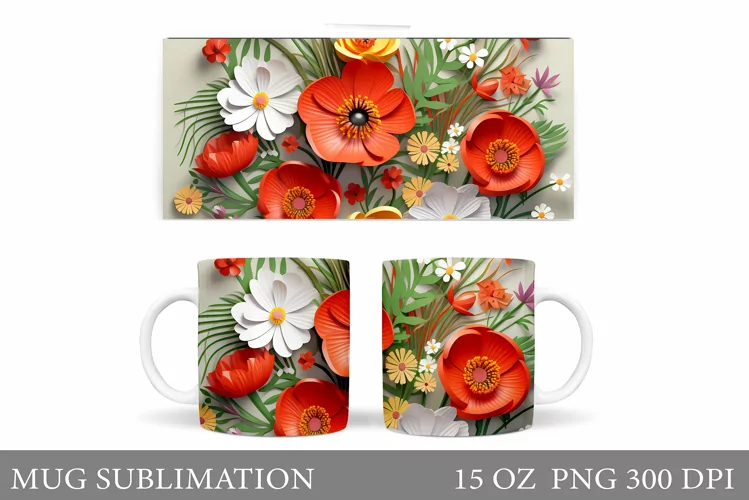 3D Flowers Mug Sublimation. Flowers Mug Wrap Design