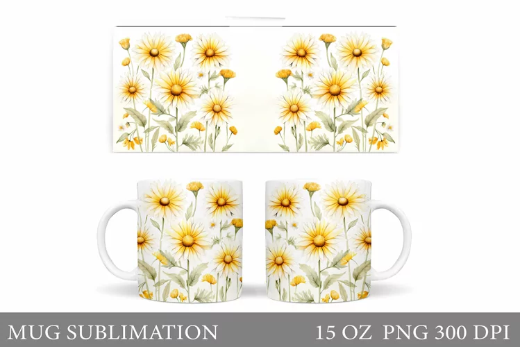 Daisy Flowers Mug Sublimation. Flowers Mug Wrap Design