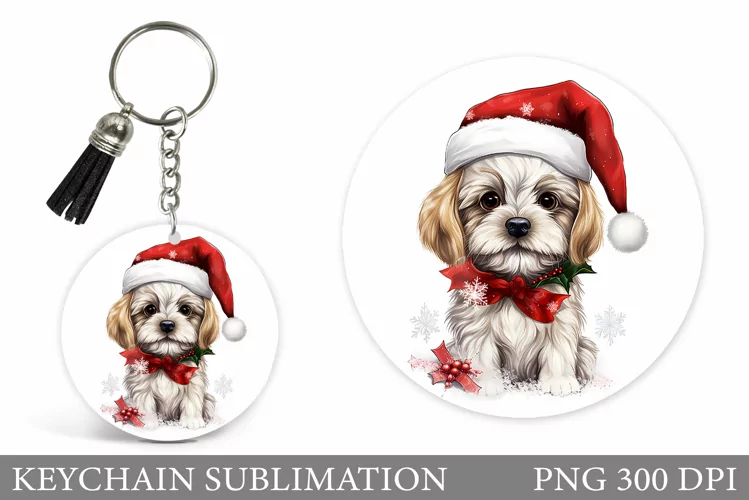 Christmas Dog Keychain Design. Cute Dog Round Keychain