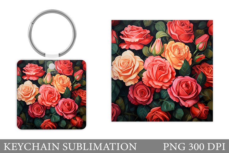 Rose Keychain Sublimation. Floral Square Keychain Design