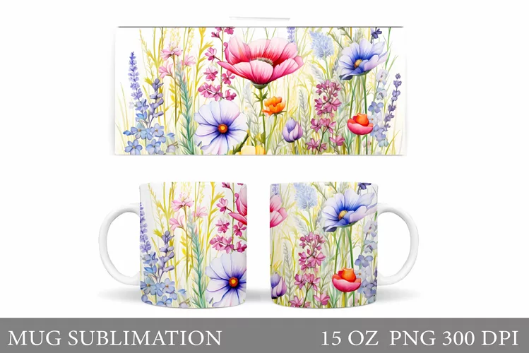Flowers Mug Wrap Design. Wildflowers Mug Sublimation