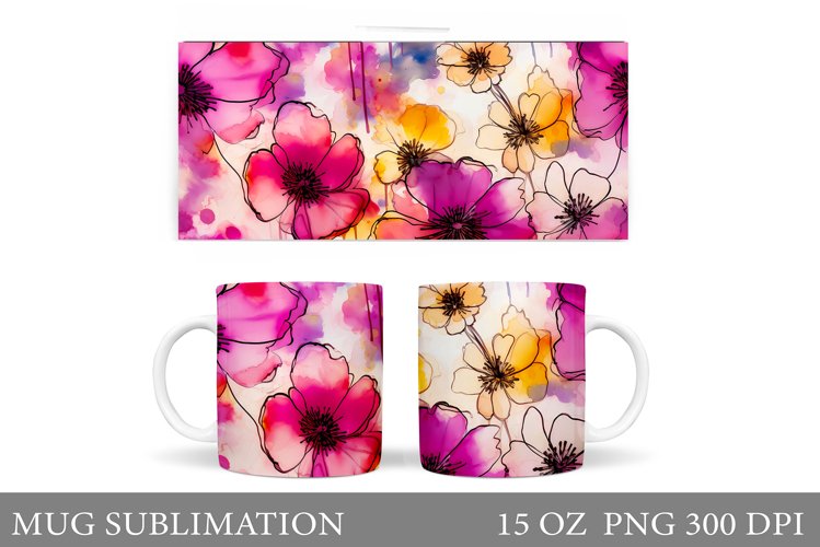 Flowers Mug Sublimation. Floral Mug Wrap Design