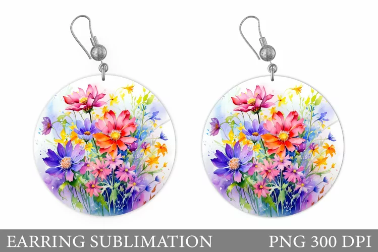 Wildflowers Earring Sublimation. Round Earring Flowers