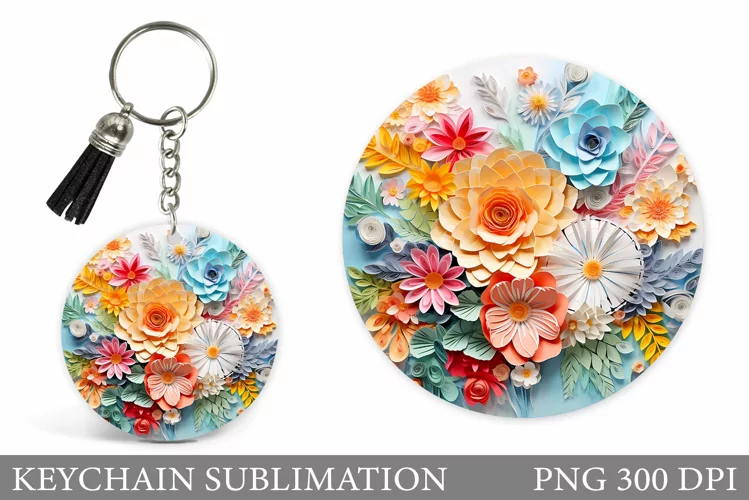 3D Flowers Keychain Sublimation. Floral Keychain Design