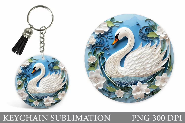 Swan Keychain Sublimation. Paper Swan Round Keychain Design