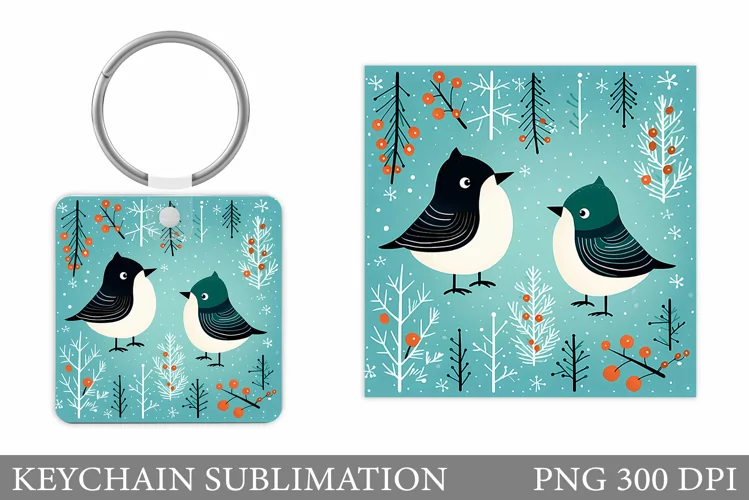 Winter Birds Keychain Design. Cute Bird Keychain Sublimation