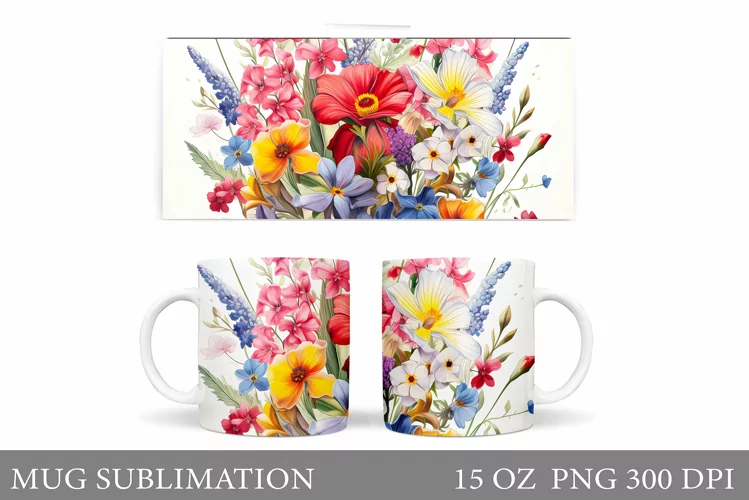 Wildflowers Mug Sublimation. Flowers Mug Wrap Design