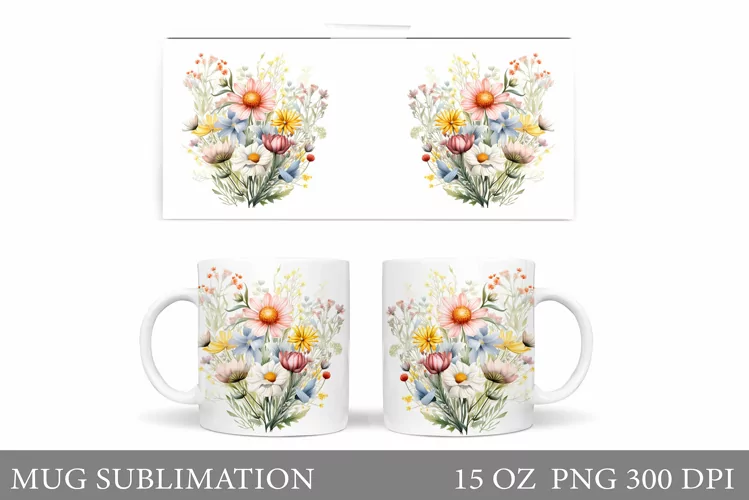 Wildflowers Mug Sublimation. Flowers Mug Wrap Template