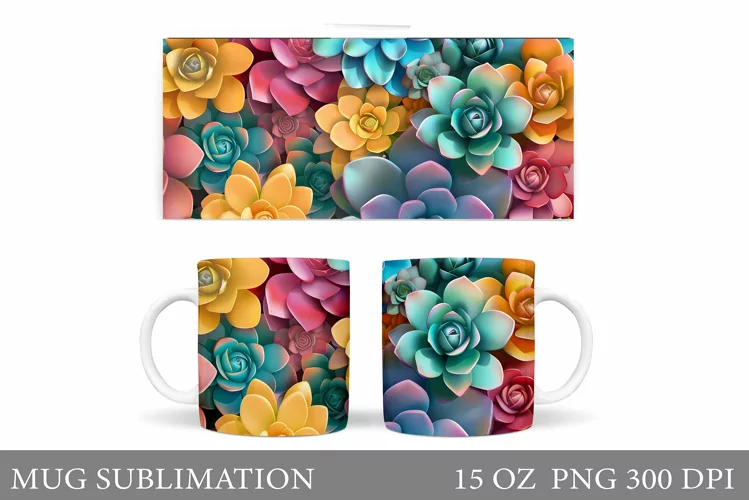 Succulents Mug Sublimation. Flowers Mug Design