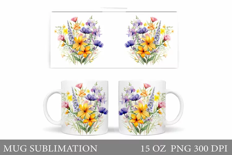 Wildflowers Mug Sublimation. Flowers Mug Wrap Design