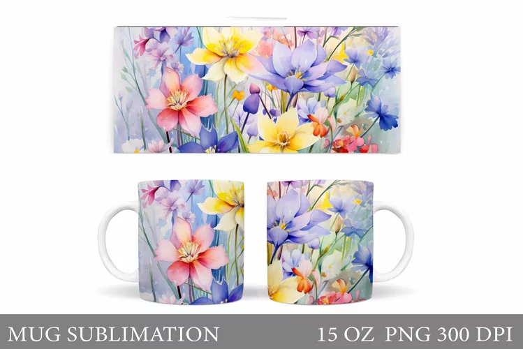 Flowers Mug Wrap Design. Wildflowers Mug Sublimation