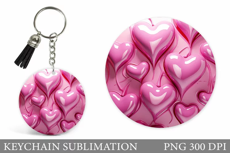 3D Hearts Round Keychain. Hearts Keychain Sublimation