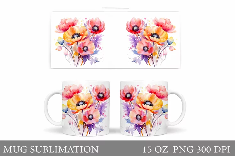 Flowers Mug Wrap Design. Wildflowers Mug Sublimation