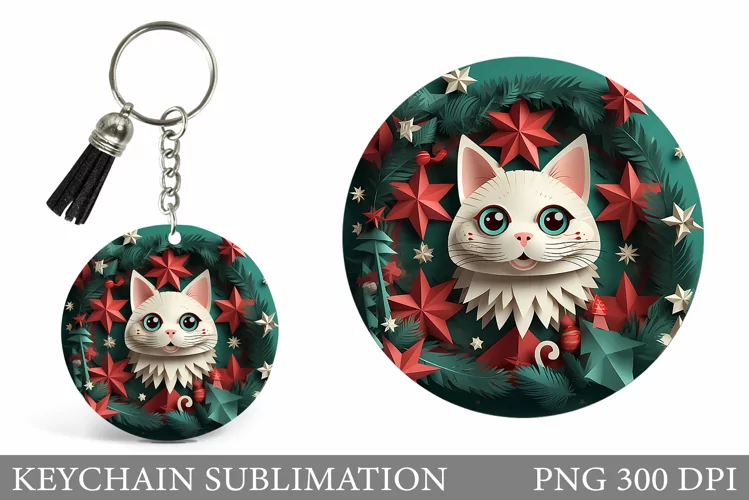Christmas Cat Keychain Design. Paper Cat Keychain Design