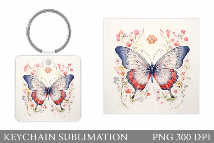 Butterflies Keychain. Flowers Keychain Sublimation