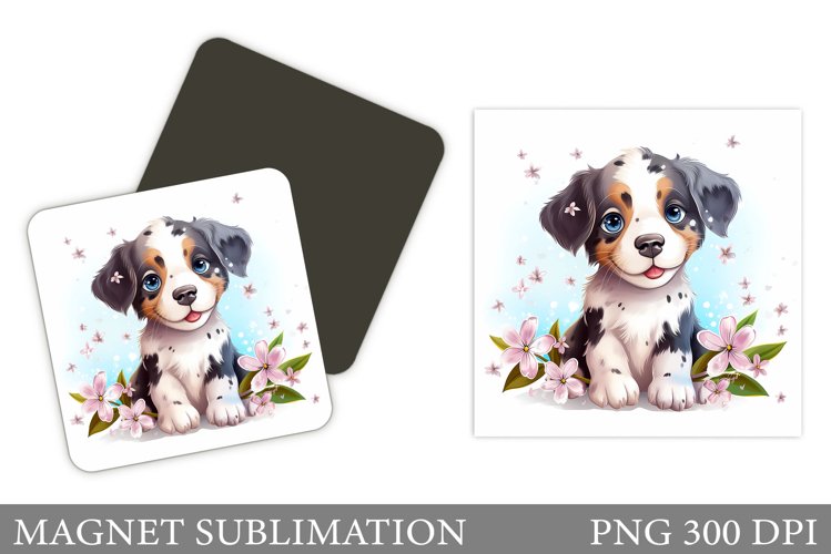 Cute Dog Magnet Sublimation. Dog Flowers Square Magnet example image 1