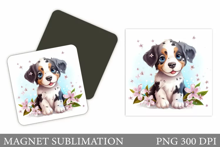 Cute Dog Magnet Sublimation. Dog Flowers Square Magnet