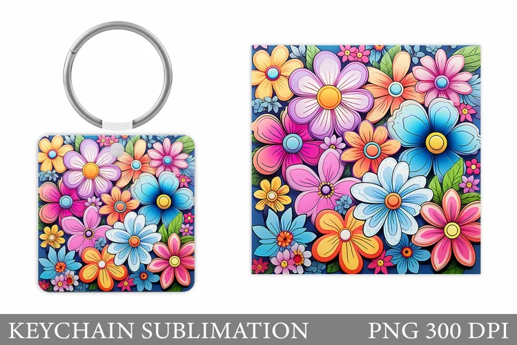 Flowers Keychain Sublimation. Colorful Flowers Keychain