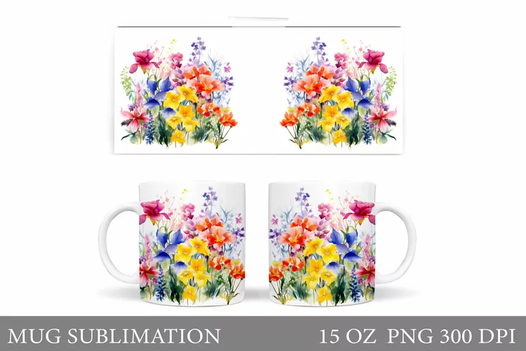 Flowers Mug Wrap Design. Wildflowers Mug Sublimation